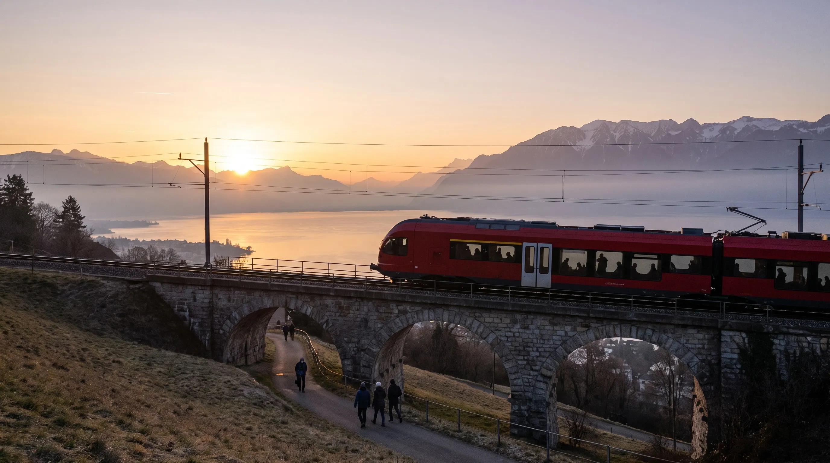 Un train régional au-dessus du Léman au lever du soleil