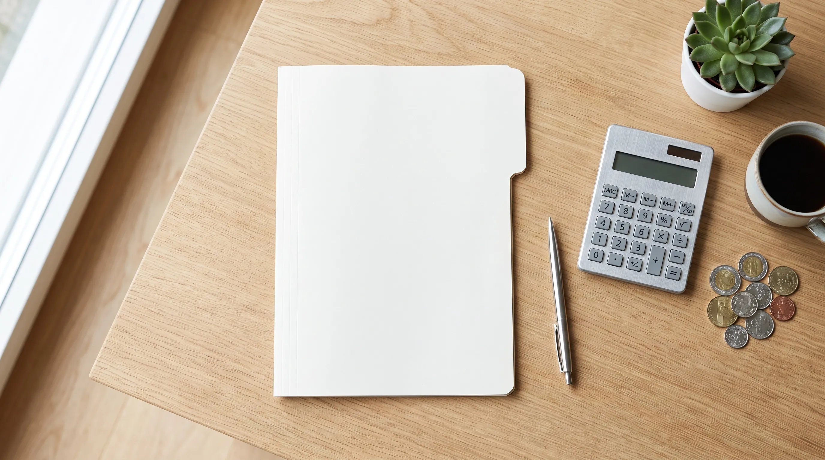 Calculatrice, francs suisses et café sur un bureau en bois